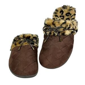 Vionic Pleasant Othotic Slippers Leopard Faux Fur Brown Quilted Size 8